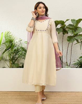 Cream silk blend embroidered ethnic readymade suit  1