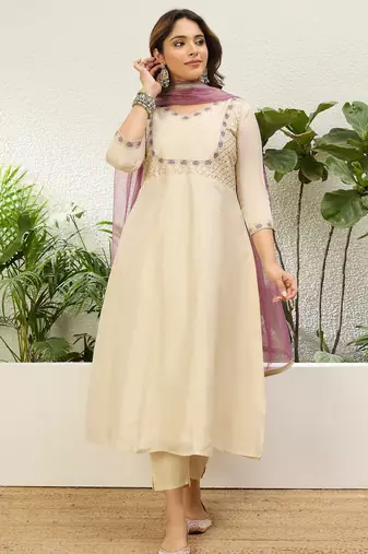 Cream silk blend embroidered ethnic readymade suit 