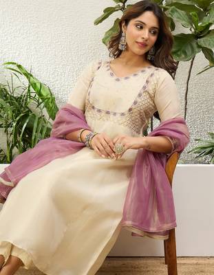 Cream silk blend embroidered ethnic readymade suit  3