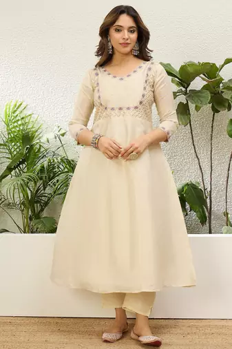 Cream silk blend embroidered ethnic readymade suit 