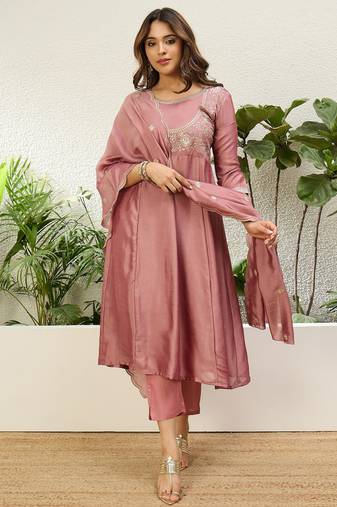 Pink vichitra embroidered ethnic readymade suit 