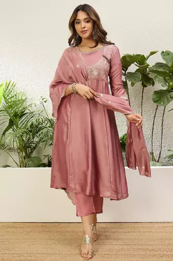 Pink vichitra embroidered ethnic readymade suit 