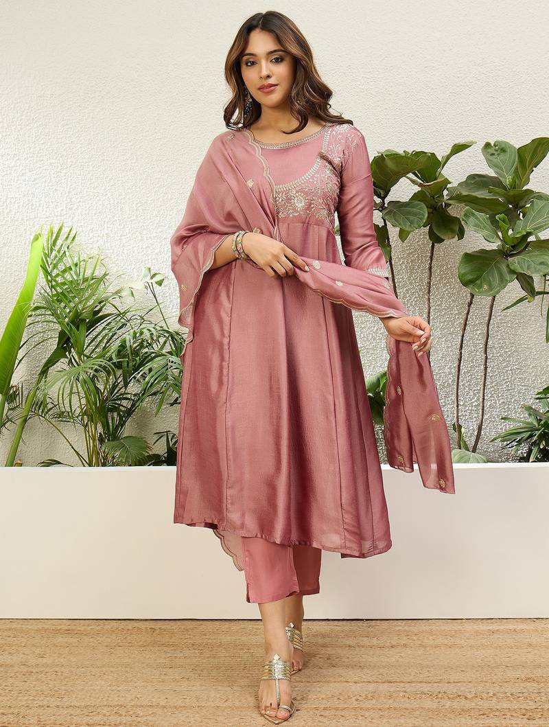 Pink vichitra embroidered ethnic readymade suit 