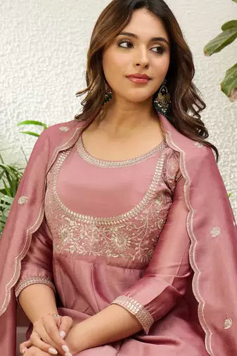 Pink vichitra embroidered ethnic readymade suit 