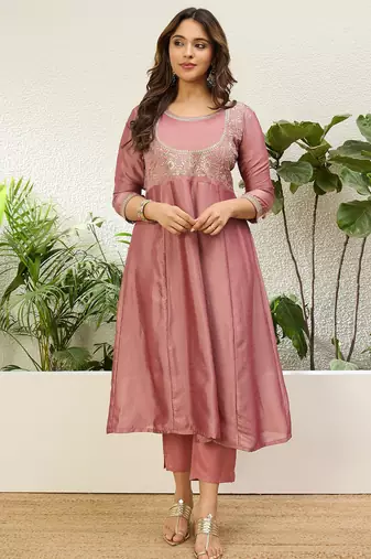 Pink vichitra embroidered ethnic readymade suit 