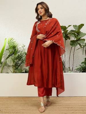 Rust color vichitra fabric designer embroidered ethnic readymade suit for girls 1