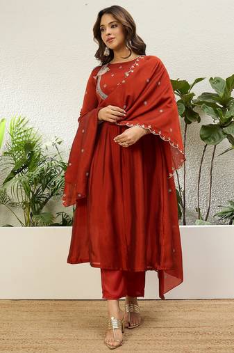 Rust color vichitra fabric designer embroidered ethnic readymade suit for girls