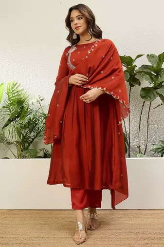Rust color vichitra fabric designer embroidered ethnic readymade suit for girls