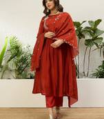Rust color vichitra fabric designer embroidered ethnic readymade suit for girls