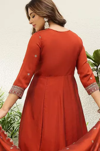 Rust color vichitra fabric designer embroidered ethnic readymade suit for girls