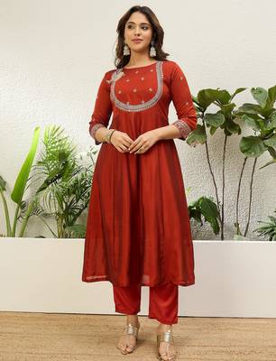 Rust color vichitra fabric designer embroidered ethnic readymade suit for girls 4
