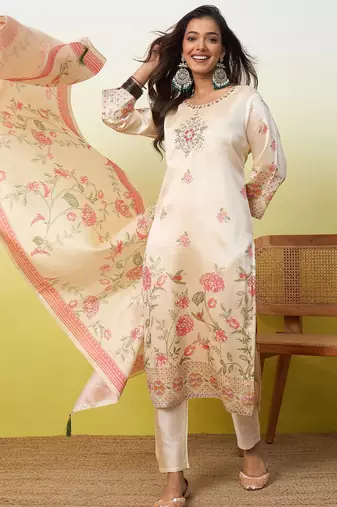 Cream assam cotton embroidered ethnic readymade suit 