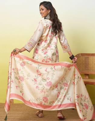 Cream assam cotton embroidered ethnic readymade suit  2