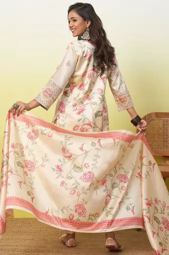 Cream assam cotton embroidered ethnic readymade suit 