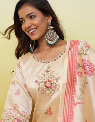 Cream assam cotton embroidered ethnic readymade suit  3
