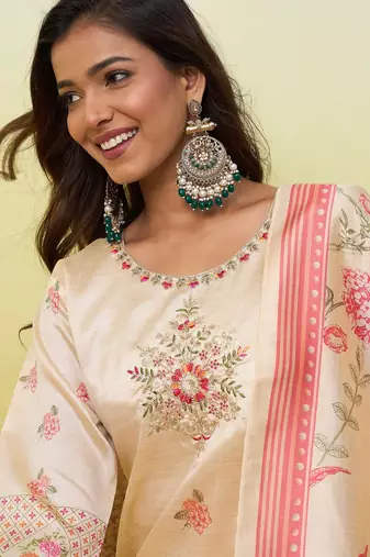 Cream assam cotton embroidered ethnic readymade suit 