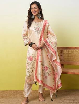 Cream assam cotton embroidered ethnic readymade suit  4