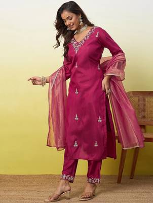 Cherry color silk blend fabric designer embroidered ethnic readymade suit for girls 1