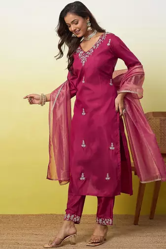 Cherry color silk blend fabric designer embroidered ethnic readymade suit for girls