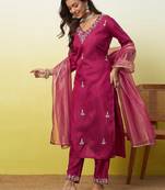 Cherry color silk blend fabric designer embroidered ethnic readymade suit for girls
