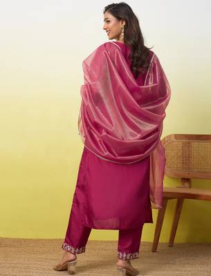 Cherry color silk blend fabric designer embroidered ethnic readymade suit for girls 2