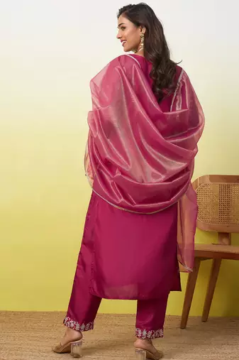 Cherry color silk blend fabric designer embroidered ethnic readymade suit for girls