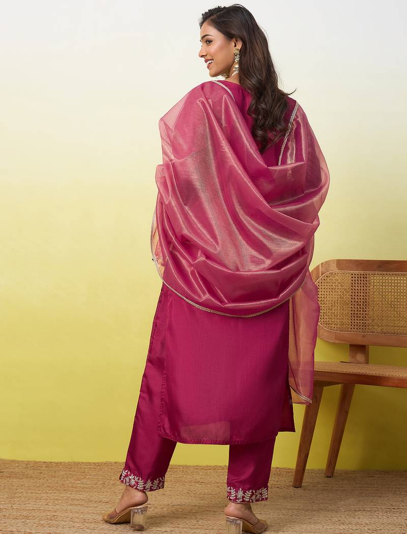 Cherry color silk blend fabric designer embroidered ethnic readymade suit for girls
