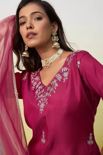 Cherry color silk blend fabric designer embroidered ethnic readymade suit for girls