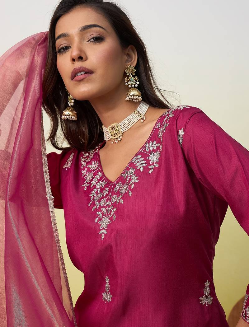 Cherry color silk blend fabric designer embroidered ethnic readymade suit for girls