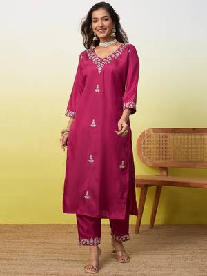 Cherry color silk blend fabric designer embroidered ethnic readymade suit for girls 4