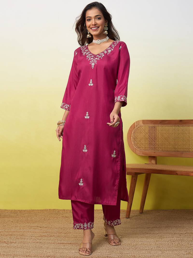 Cherry color silk blend fabric designer embroidered ethnic readymade suit for girls