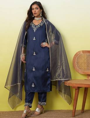 Blue silk blend embroidered ethnic readymade suit  1