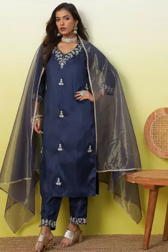 Blue silk blend embroidered ethnic readymade suit 