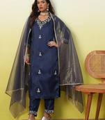 Blue silk blend embroidered ethnic readymade suit 