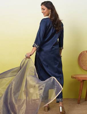Blue silk blend embroidered ethnic readymade suit  2
