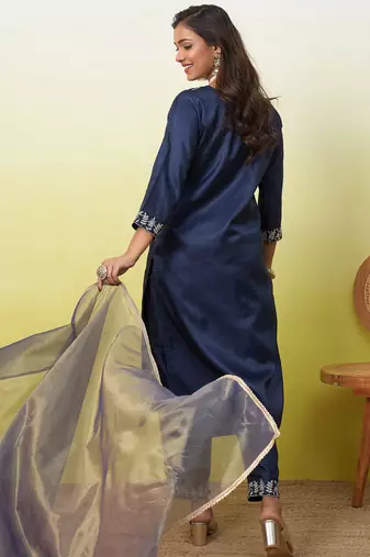 Blue silk blend embroidered ethnic readymade suit 