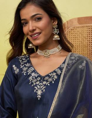 Blue silk blend embroidered ethnic readymade suit  3