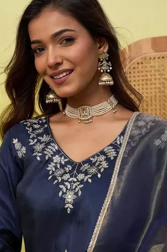 Blue silk blend embroidered ethnic readymade suit 