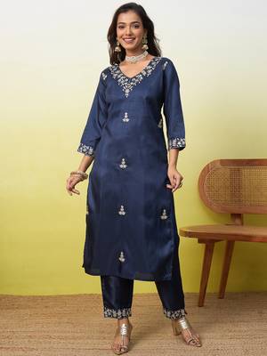 Blue silk blend embroidered ethnic readymade suit  4