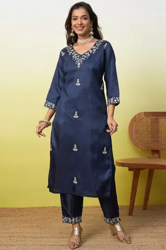 Blue silk blend embroidered ethnic readymade suit 