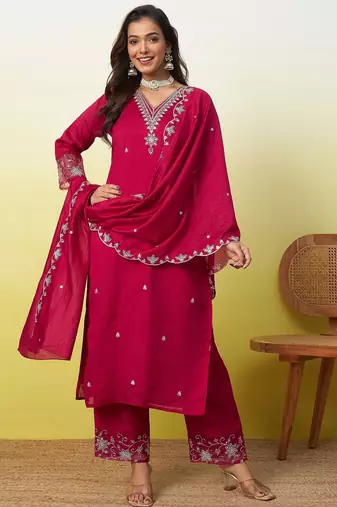 Pink vichitra embroidered ethnic readymade suit 