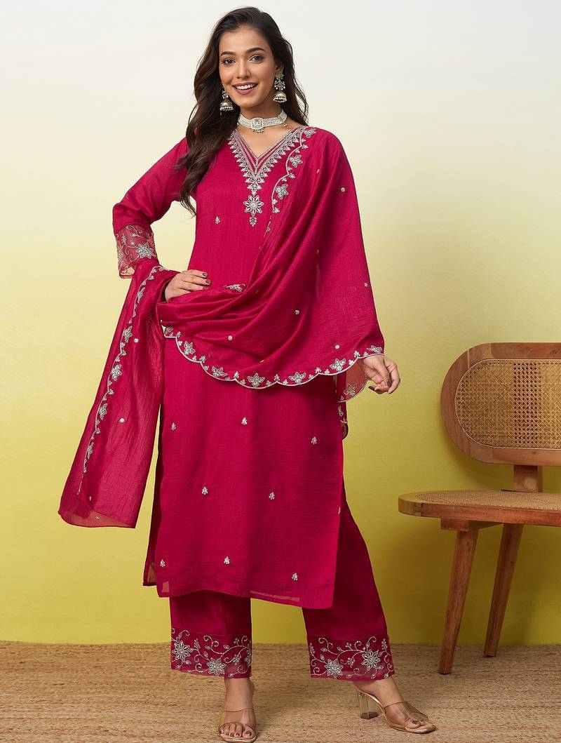 Pink vichitra embroidered ethnic readymade suit 