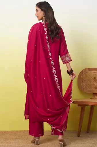Pink vichitra embroidered ethnic readymade suit 