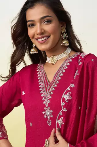 Pink vichitra embroidered ethnic readymade suit 