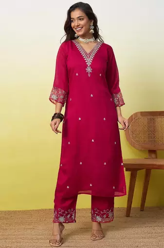 Pink vichitra embroidered ethnic readymade suit 
