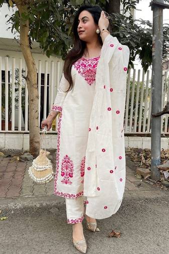 Off white embroidered ethnic partywear suit 