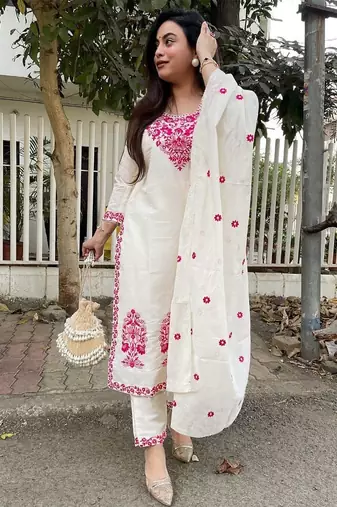 Off white embroidered ethnic partywear suit 