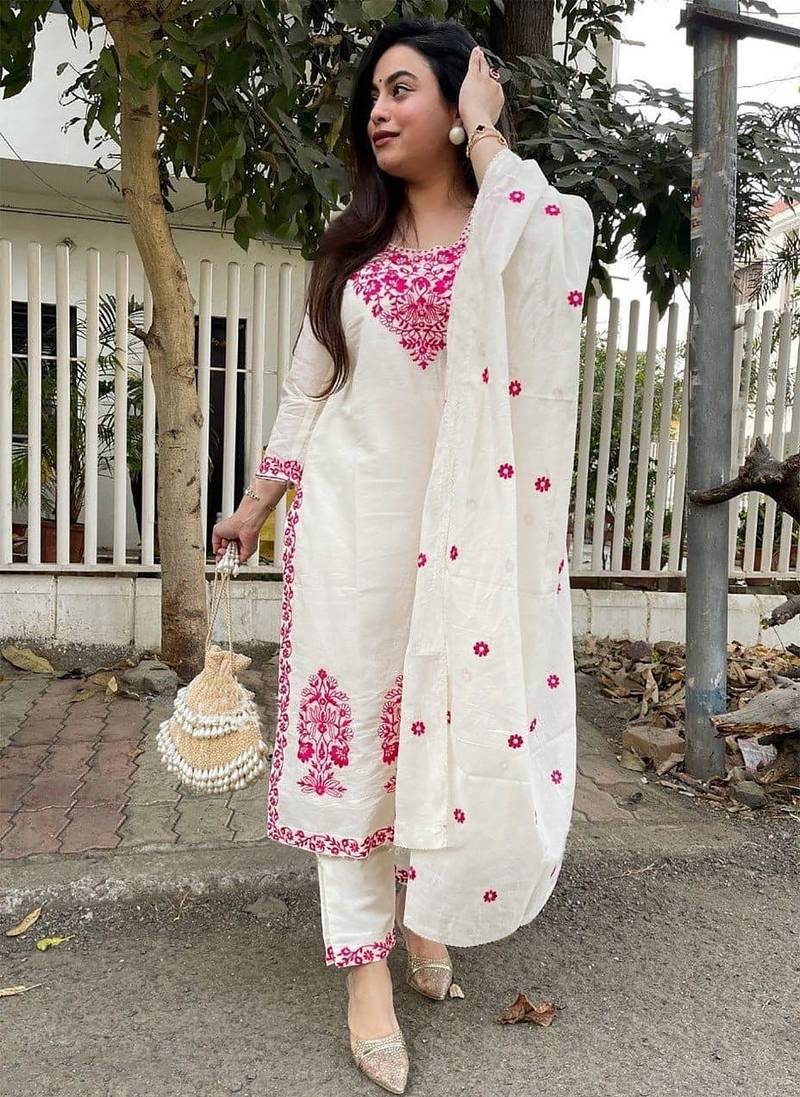 Off white embroidered ethnic partywear suit 