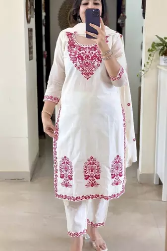 Off white embroidered ethnic partywear suit 