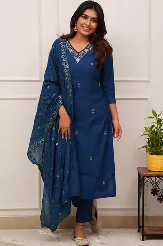 Blue embroidered ethnic partywear suit 